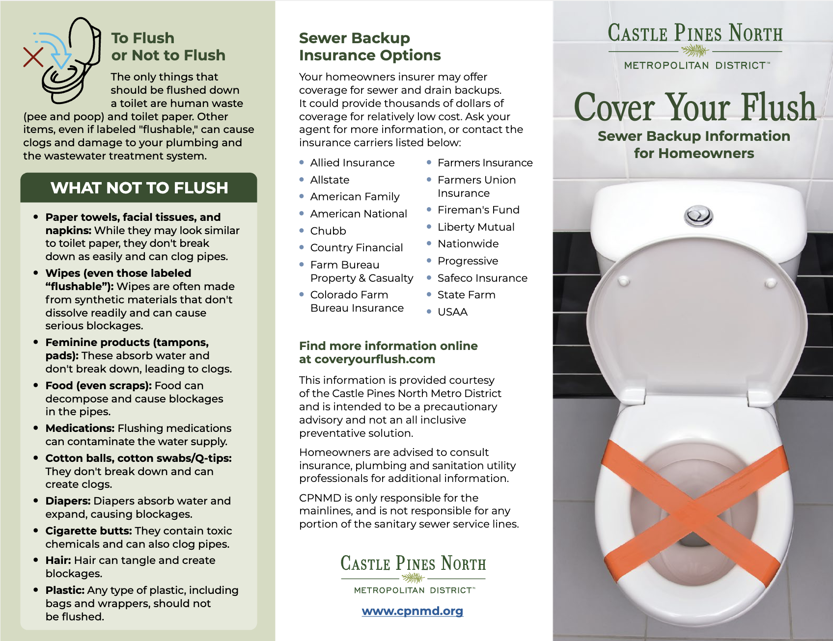 Guide on what not to flush to avoid clogs, insurance options for sewer backups, and a warning about flushing non-degradable items. Click here for the full ADA PDF.