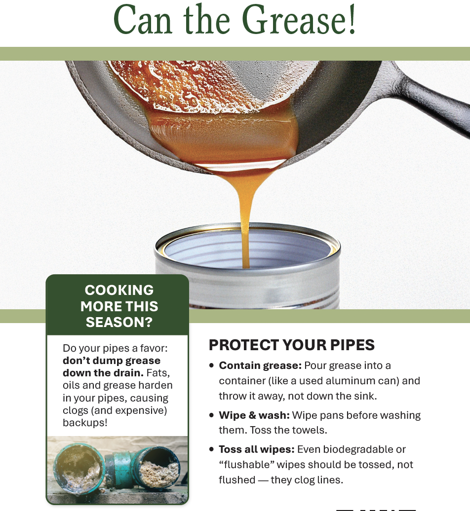Pan pouring grease into a can. Tips on disposing grease and wipes properly to prevent pipe clogs.