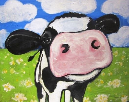A cartoonish cow with a large pink nose and black spots stands in a field of flowers against a blue sky with fluffy clouds.