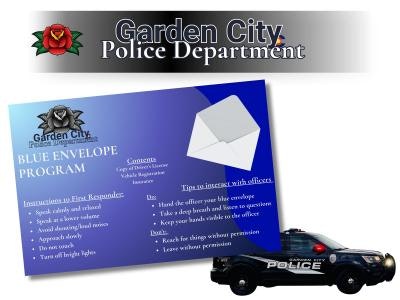 Garden City Police Department's Blue Envelope Program info with a police car and department logo.
