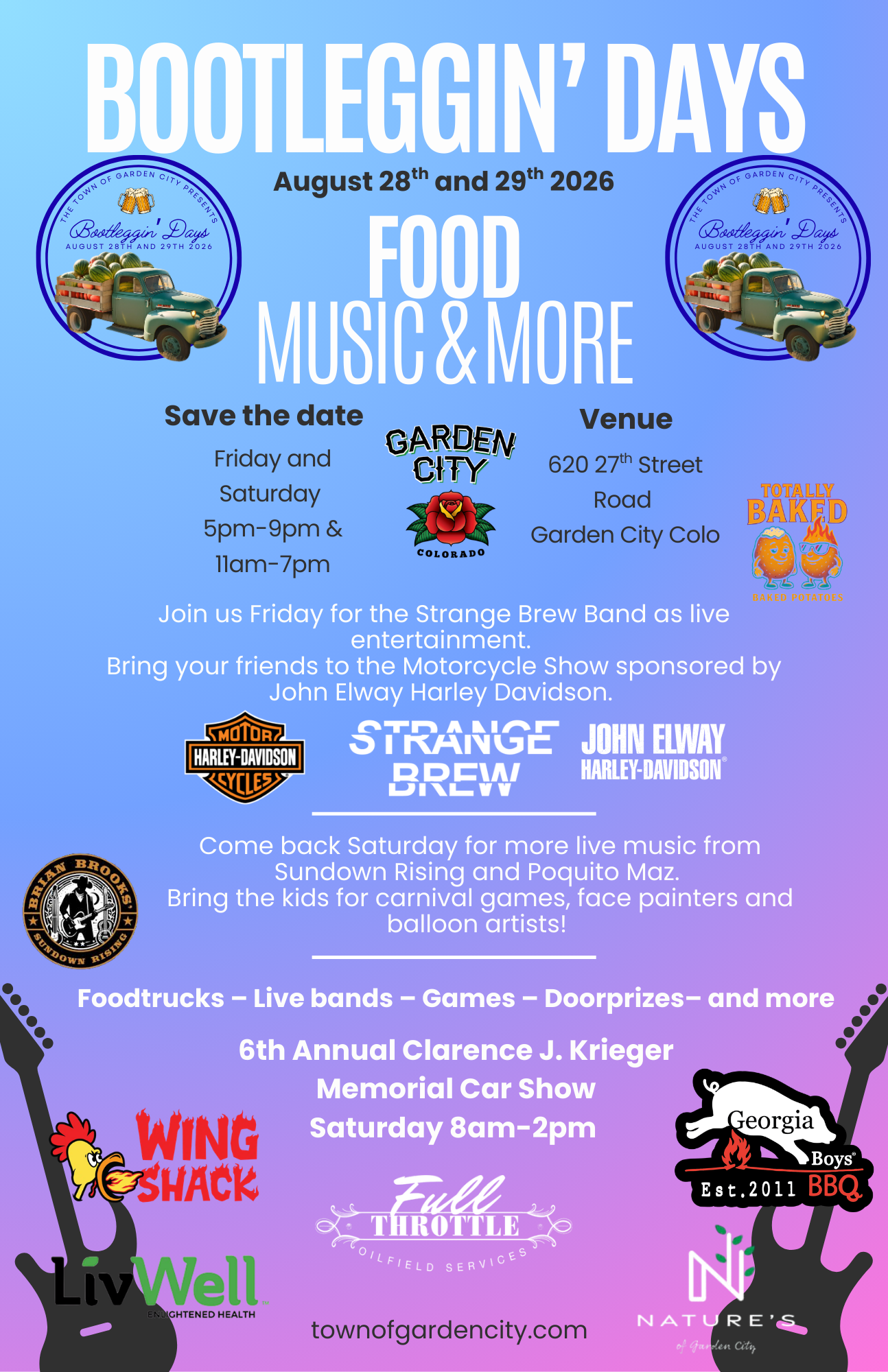 Bootleggin’ Days on Aug 28-29, 2026, in Garden City: food, music, motorcycle show, games, and more!