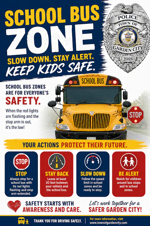 The image is a safety reminder about school bus zones, urging drivers to slow down, stay alert, and follow the law for kids' safety.