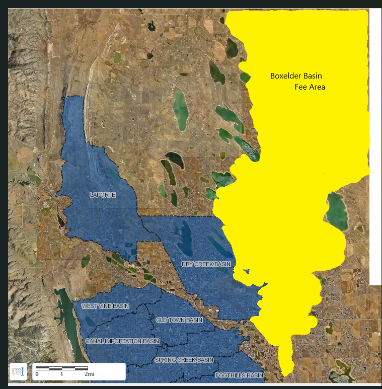 Map showing the Boxelder Basin Fee Area in yellow and various other basins in blue, like Laporte and West Vine Basin.