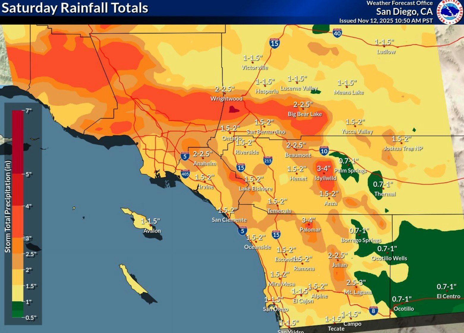 Rainfall map of Southern California showing varying totals, with areas receiving 1-4 inches. Darker areas indicate heavier rain.