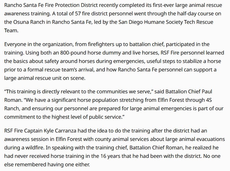 Rancho Santa Fe Fire District trained 57 personnel in large animal rescue, focusing on horse safety during emergencies and rescues.