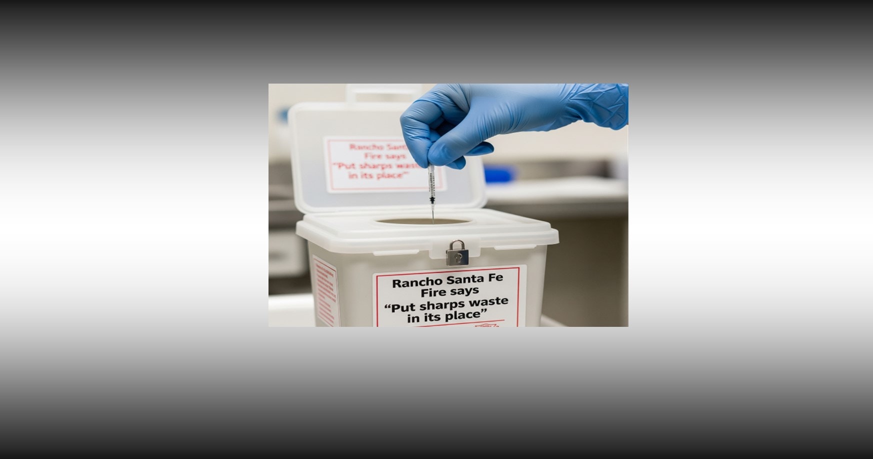 A gloved hand disposes of a needle in a sharps container labeled "Rancho Santa Fe Fire says 'Put sharps waste in its place.'"
