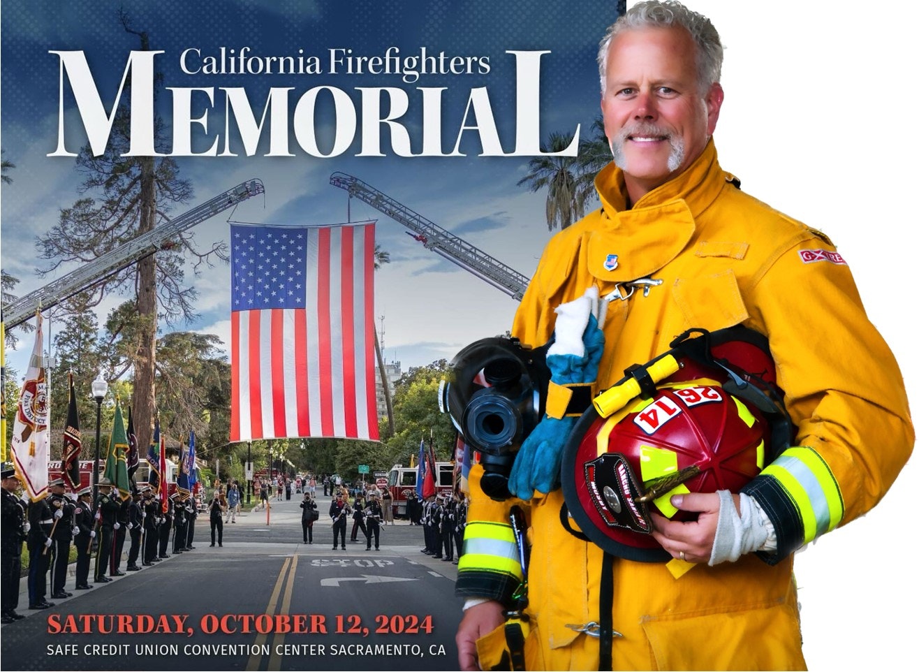 A firefighter holding gear with a background promoting California Firefighters Memorial event.