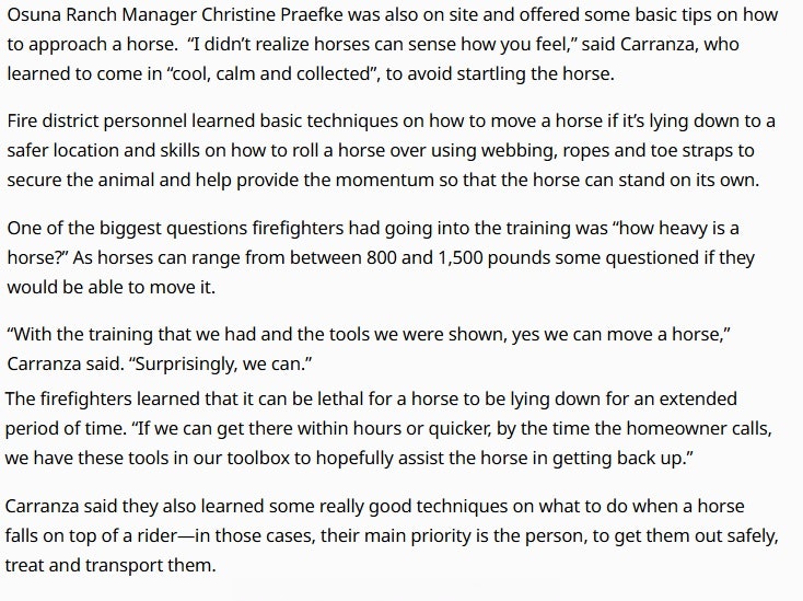 Firefighters learned techniques to safely handle and move horses during training, focusing on safety for both horses and riders.