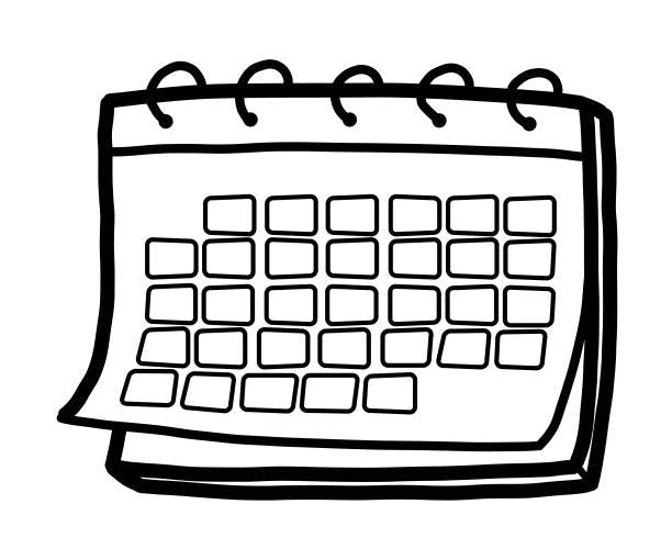A simple line drawing of a spiral-bound calendar.
