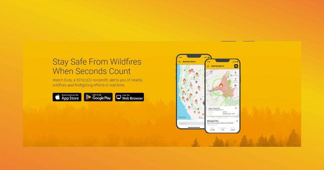 An ad for a wildfire alert app, available on App Store, Google Play, and web browser, with example app screens displayed.