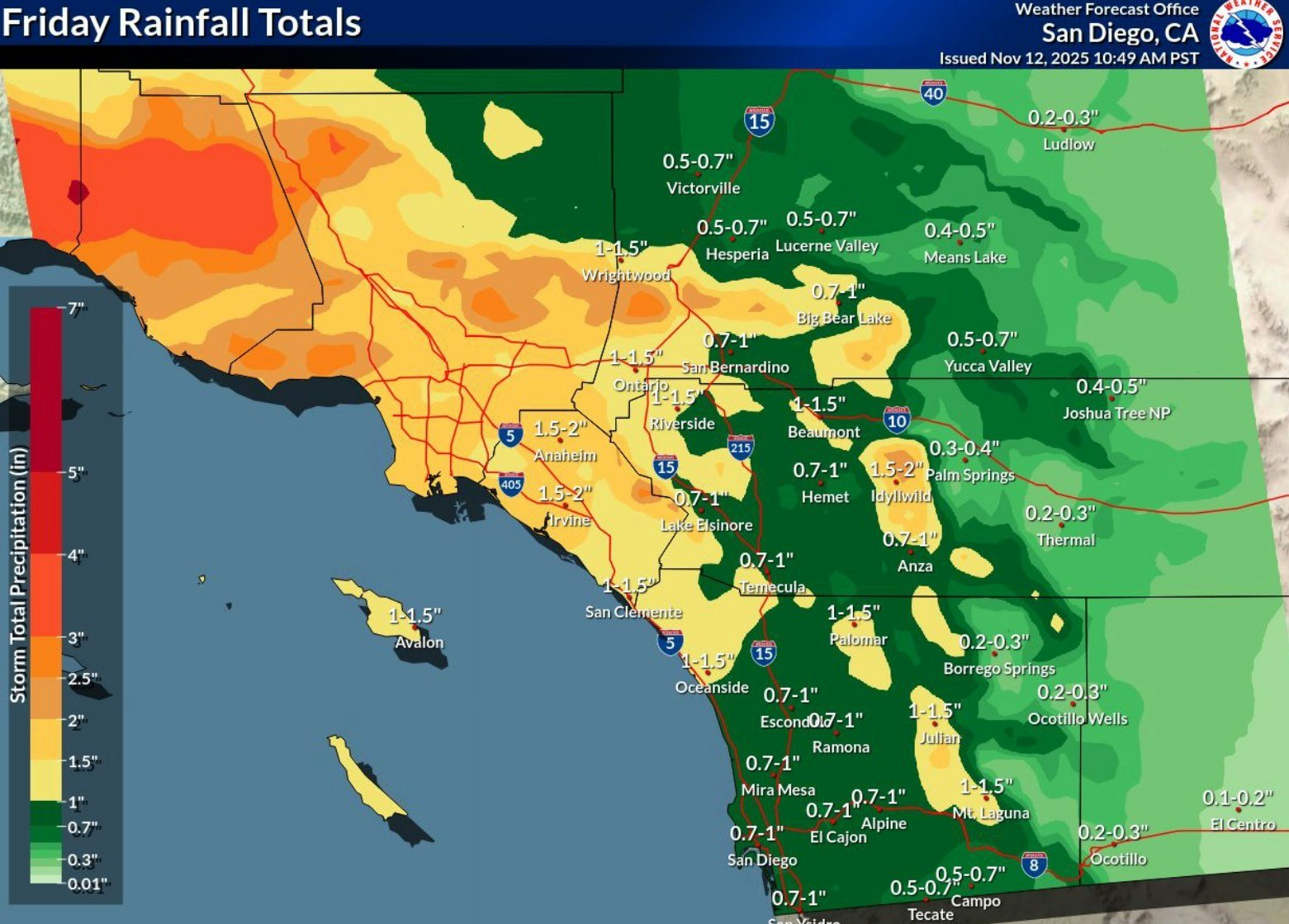 Map of Southern California showing Friday rainfall totals with color-coded precipitation levels.