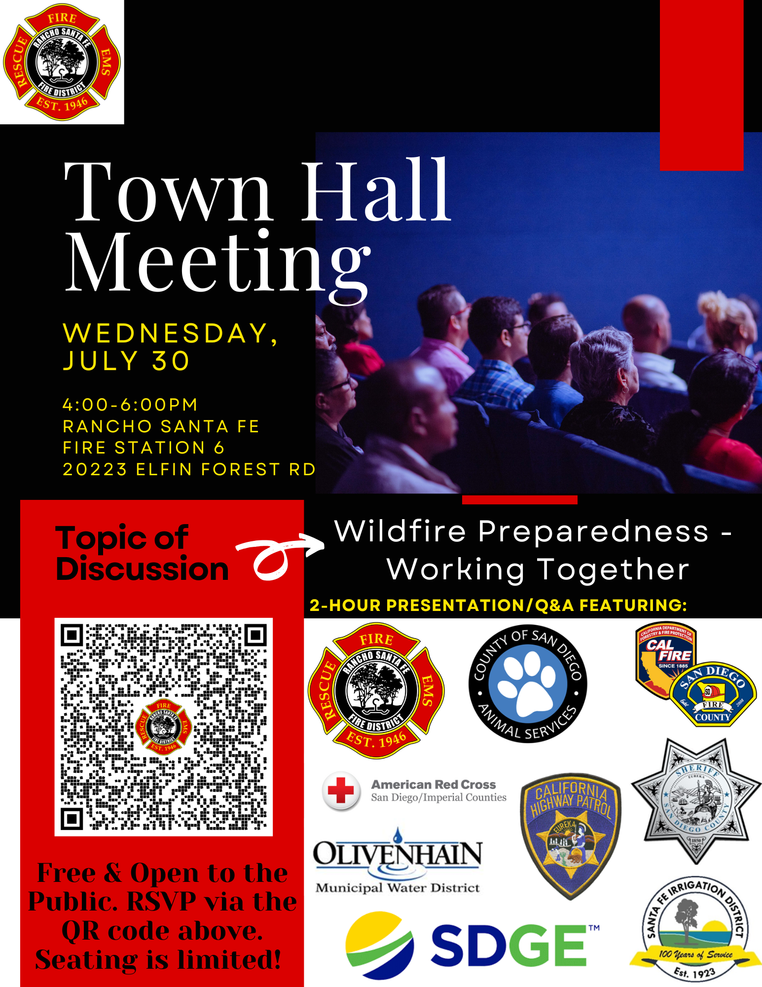 Town Hall Meeting on wildfire preparedness, July 30, 4-6PM, Rancho Santa Fe Fire Station. Free entry, RSVP via QR code, limited seating.