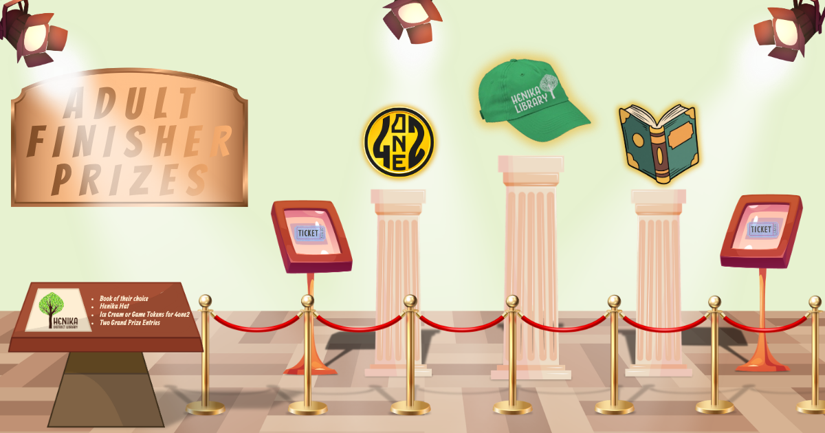 The image showcases "Adult Finisher Prizes" with items like a hat, book, and tokens, set on elegant pedestals.