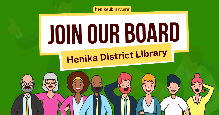 The image promotes an open board position at the Henika District Library, with applications due by September 2, 2026.