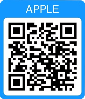 The image contains a QR code labeled "APPLE." Scanning it may lead to related content or a website.