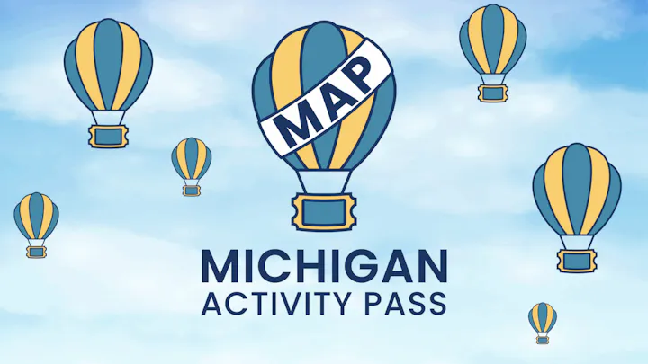 The image features colorful hot air balloons with the text "Michigan Activity Pass" prominently displayed.
