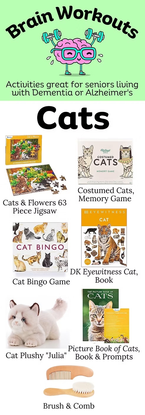Image features activities and products for seniors with dementia or Alzheimer's, focusing on cats: puzzles, games, books, and plushies.