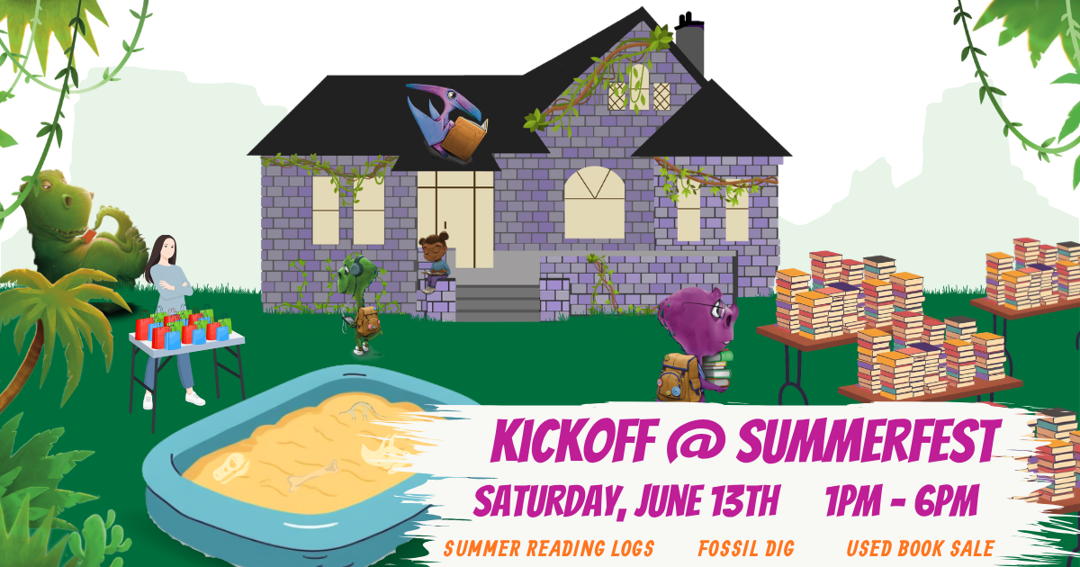 A colorful illustration promoting a Summerfest event with reading logs, a fossil dig, and a used book sale on June 13th.