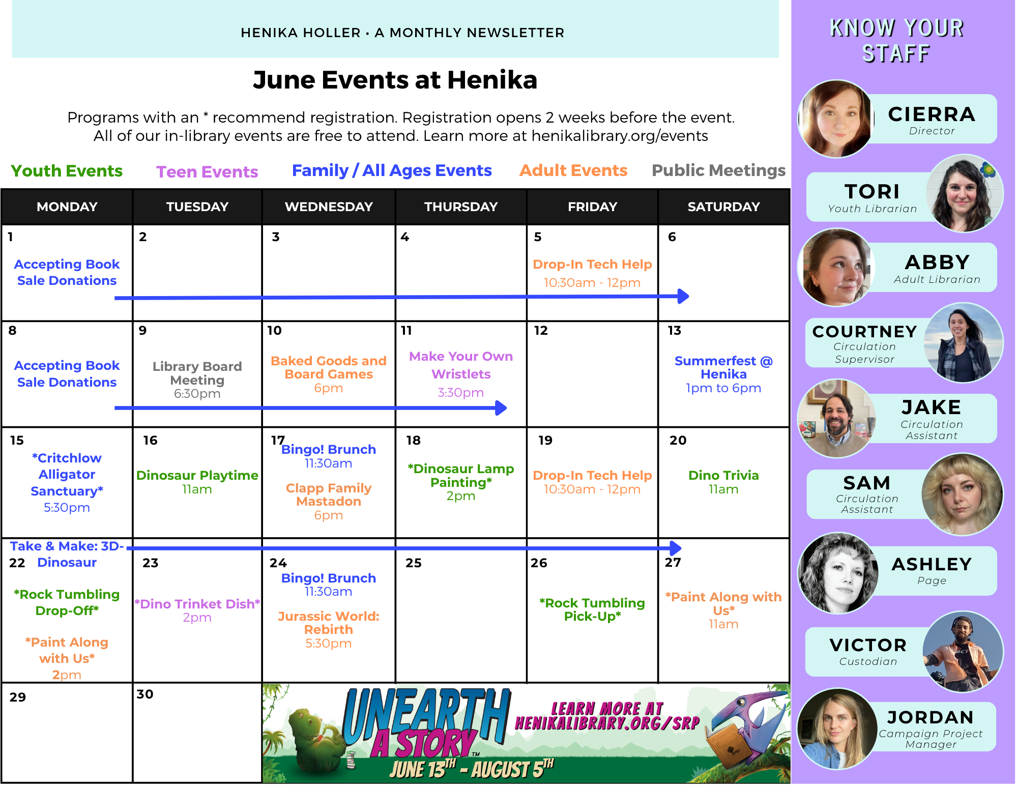 June events at Henika include book sales, family activities, and tech help sessions, catering to all ages throughout the month.