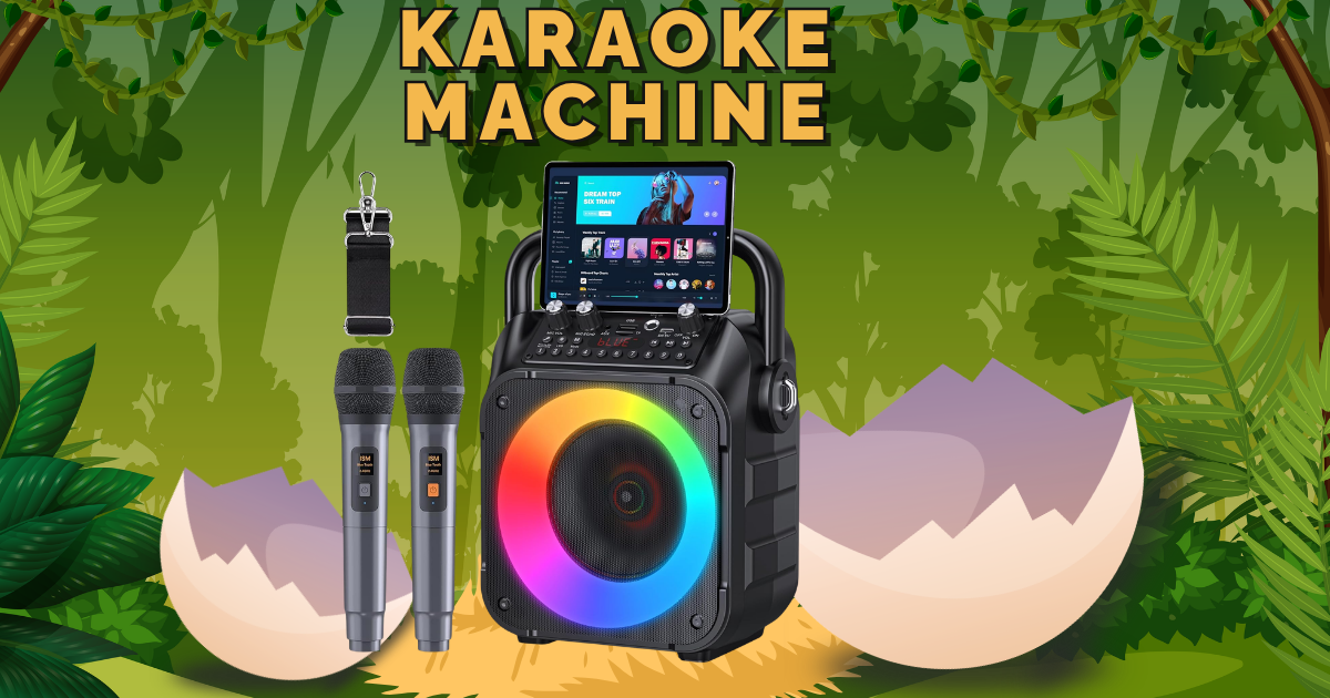 A karaoke machine with colorful lighting, two microphones, and a display, set against a jungle-themed background.