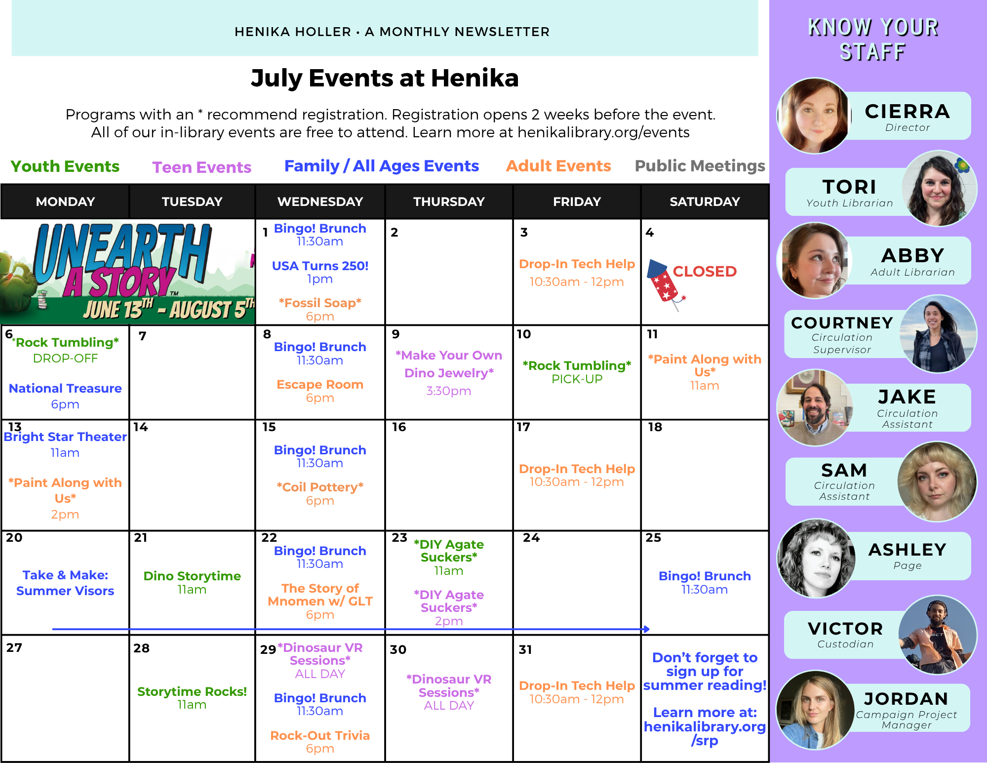 July events at Henika include youth, teen, and family activities like bingo brunches, tech help, and craft sessions.