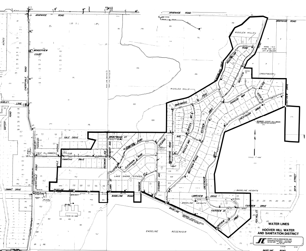 A detailed map showing water lines and plots in the Hoover Hill Water and Sanitation District area.