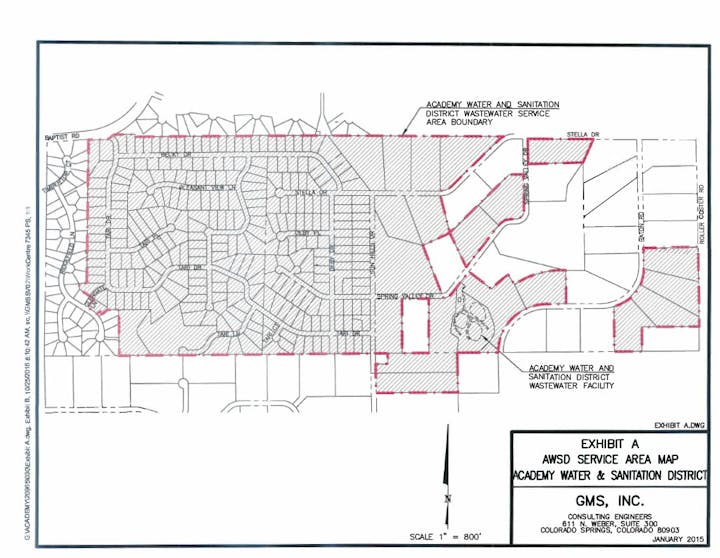 A map showing the service area boundary for the Academy Water and Sanitation District.