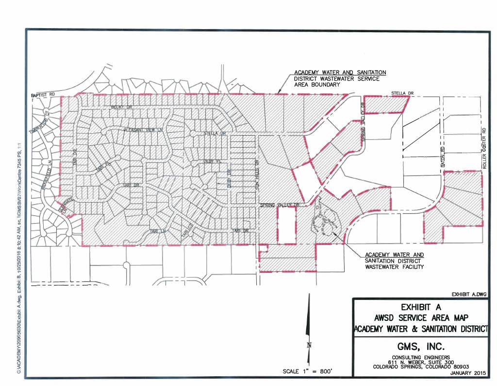 A map showing the service area boundary for the Academy Water and Sanitation District.