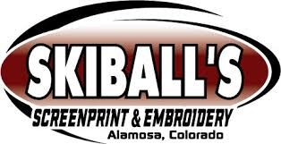 The image features a logo for Skiball's Screenprint & Embroidery, located in Alamosa, Colorado.