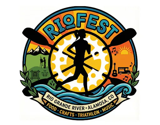 The image is a logo for "Rio Fest," featuring activities like food, crafts, and a triathlon by the Rio Grande River in Alamosa, CO.
