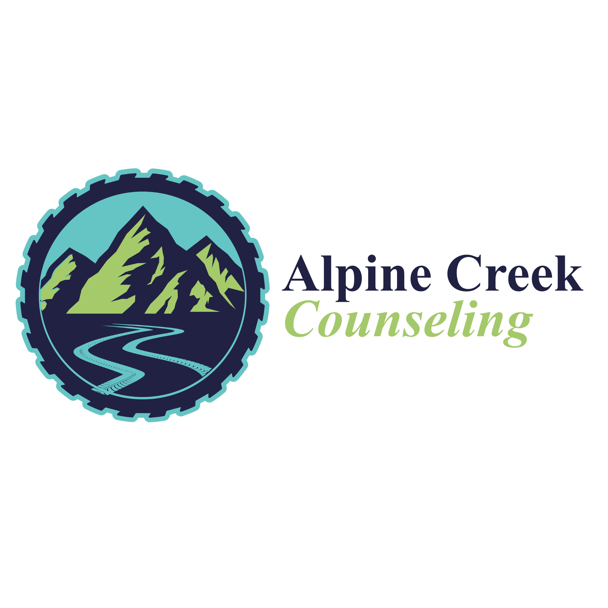 The image features a logo for "Alpine Creek Counseling," depicting mountains and a winding creek, enclosed in a circular design.