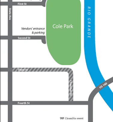 This image is a map showing Cole Park, vendor entrances, street names, and a note about an event closure.