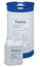 The image shows two containers of a product labeled "Zenivex," one large drum and one smaller jug.
