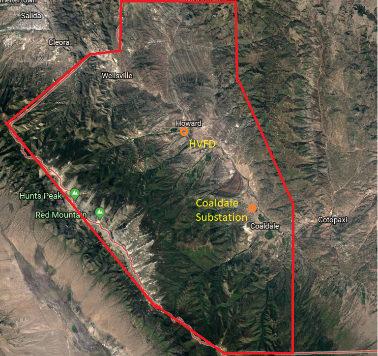 Google Earth view of district boundaries showing HVFD station and Coaldale substation