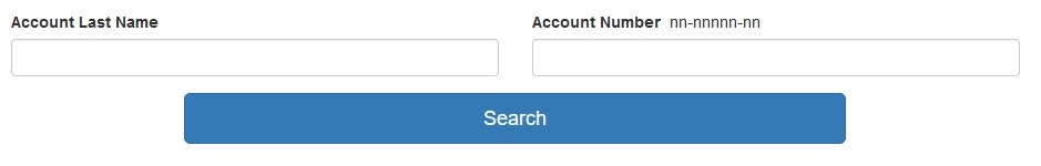 Search form with fields for "Account Last Name" and "Account Number," and a blue "Search" button.