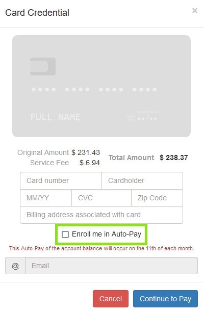 Payment form, option to enroll in Auto-Pay, and action buttons to cancel or continue.