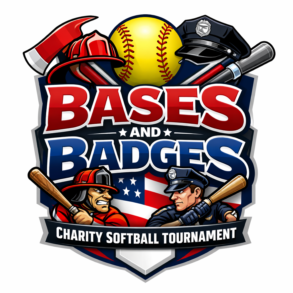 A logo for the "Bases and Badges" charity softball tournament featuring emergency services symbols and players.