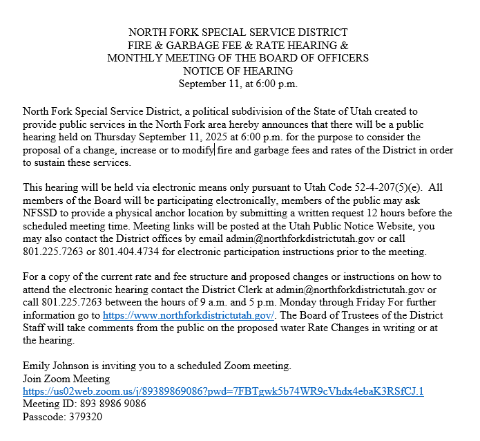 Announcement for North Fork Special Service District meeting on fire and garbage fees, September 11, 2025, at 6:00 p.m. via Zoom.