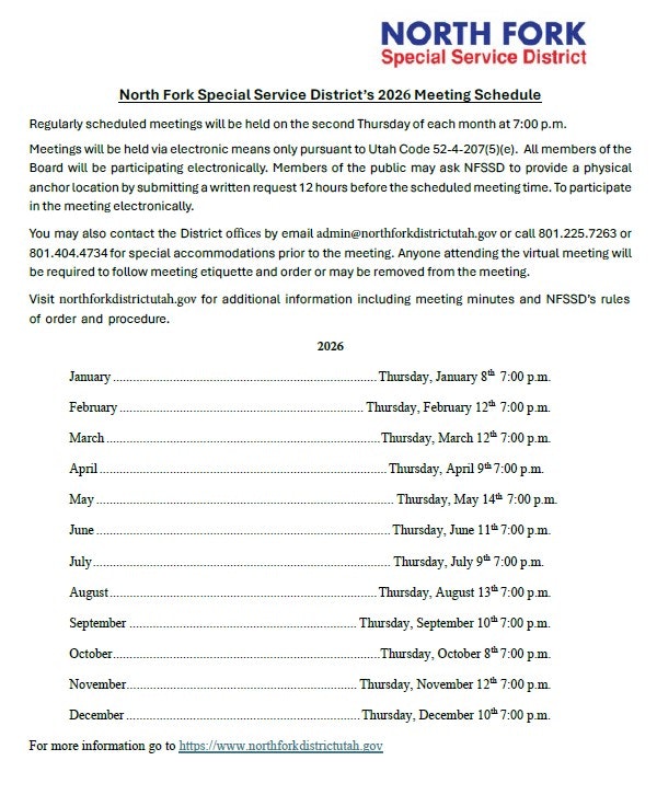 The image shows the 2026 meeting schedule for North Fork Special Service District, held monthly on Thursdays at 7:00 p.m.