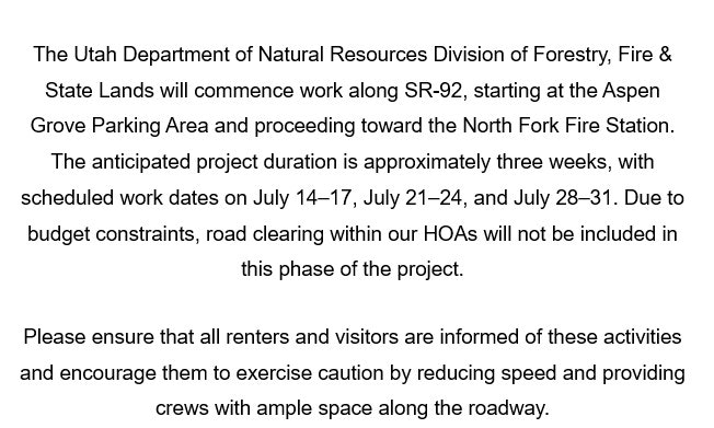 Notice about road work along SR-92, July 14–31, excluding HOA areas. Caution advised.