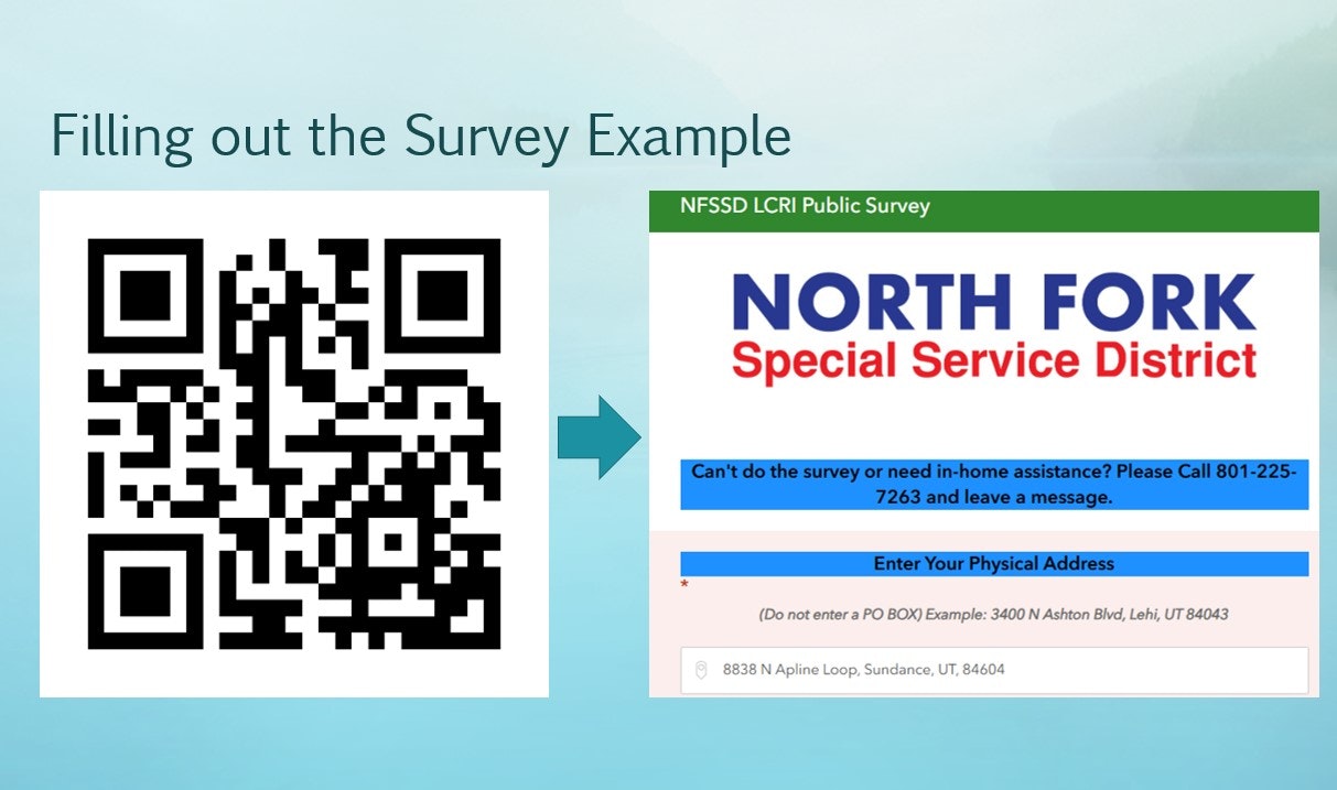 The image shows a QR code linking to a survey for the North Fork Special Service District, with contact info for assistance.