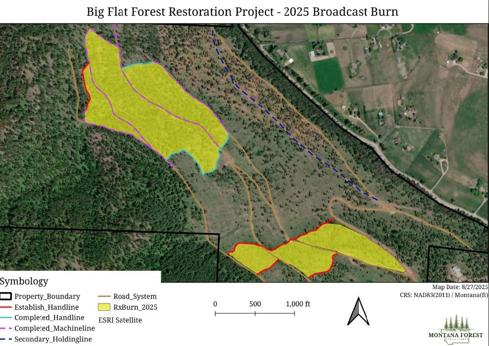 Map of Big Flat Forest Restoration Project, 2025, showing burn areas, roads, and boundaries.