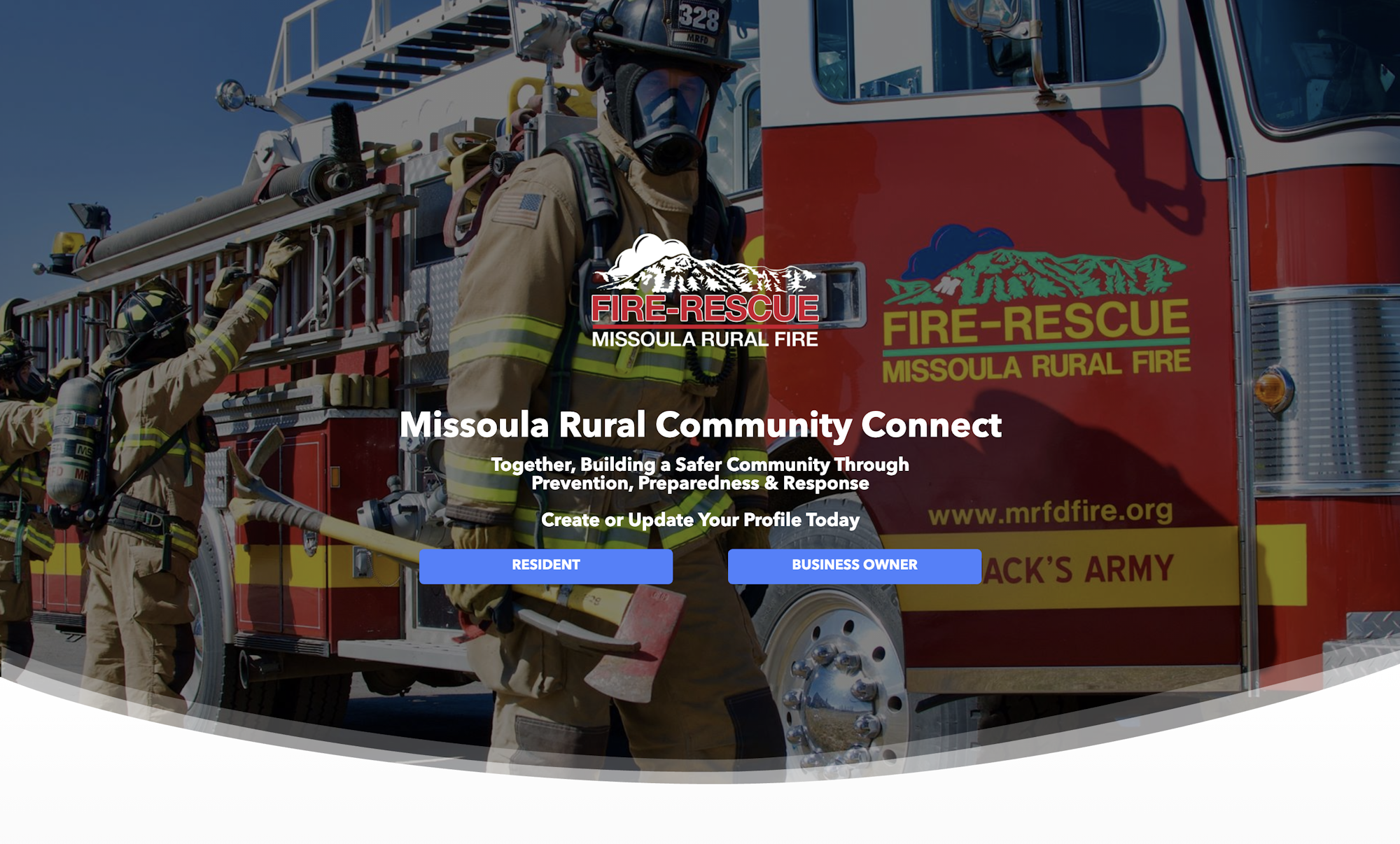 Firefighters near a fire truck with "Missoula Rural Fire" branding. Text promotes community safety and profile updates.