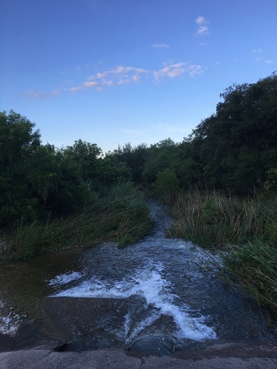 A stream flowing over rocks surrounded by greenery under a clear sky.