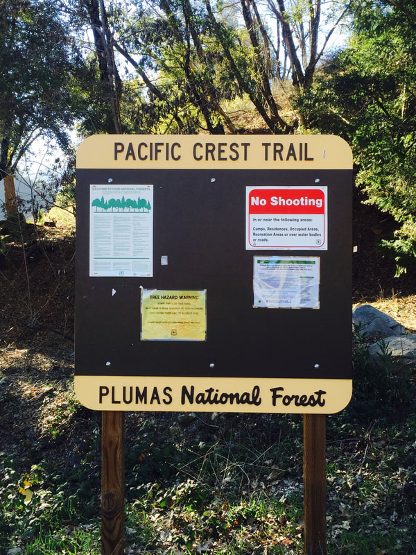 Sign for Pacific Crest Trail in Plumas National Forest with notices, including "No Shooting."