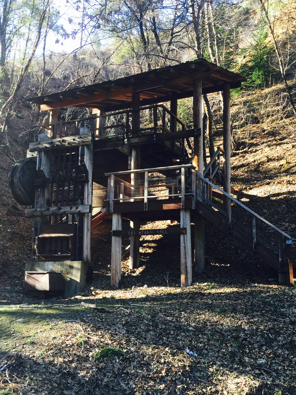 Old mining structure in a wooded area, surrounded by trees and fallen leaves.