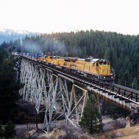 A freight train crosses a steel bridge in a forested, mountainous area.