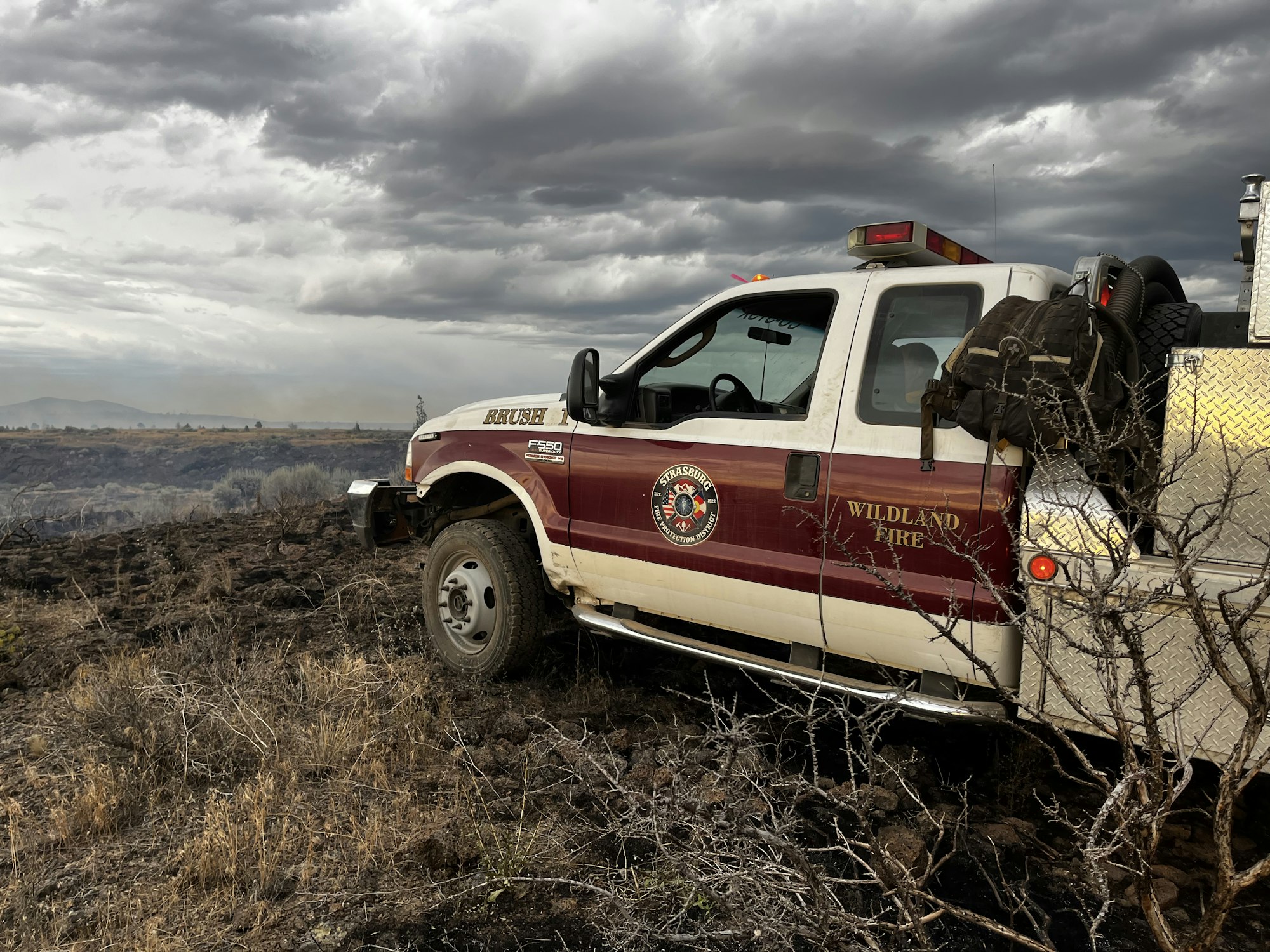 A wildland fire truck parked on a scorched landscape under cloudy skies.