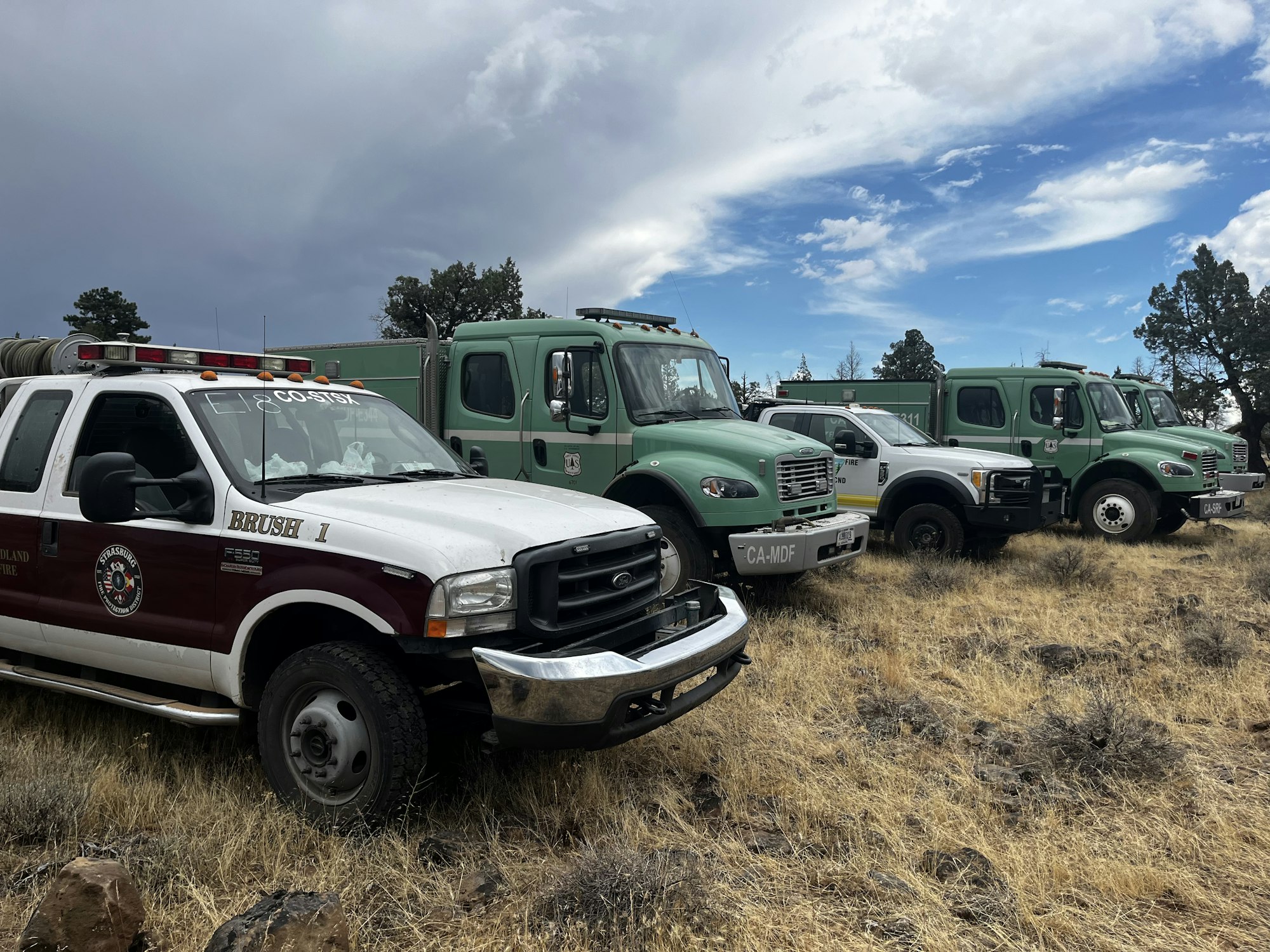 The image shows a line of fire trucks parked on a grassy field under a cloudy sky.