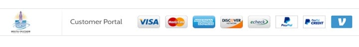 Payment options logos including Visa, MasterCard, Discover, and PayPal on a customer portal webpage.